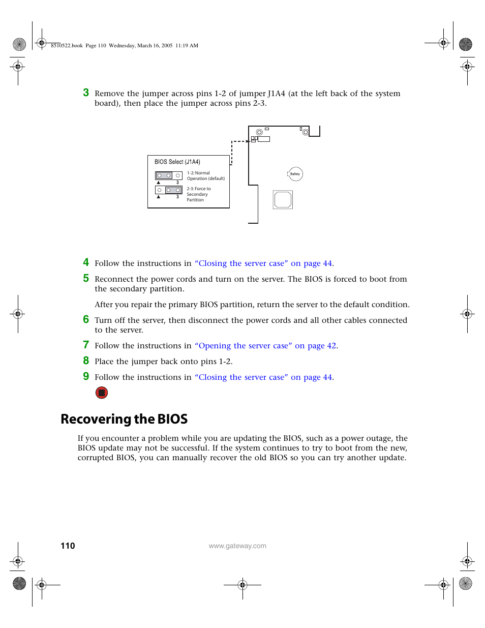 Recovering the bios | Gateway 9415 User Manual | Page 115 / 188