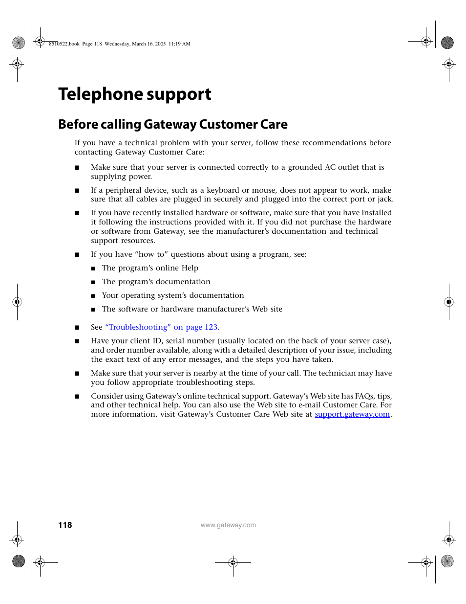 Telephone support, Before calling gateway customer care | Gateway 9415 User Manual | Page 123 / 188