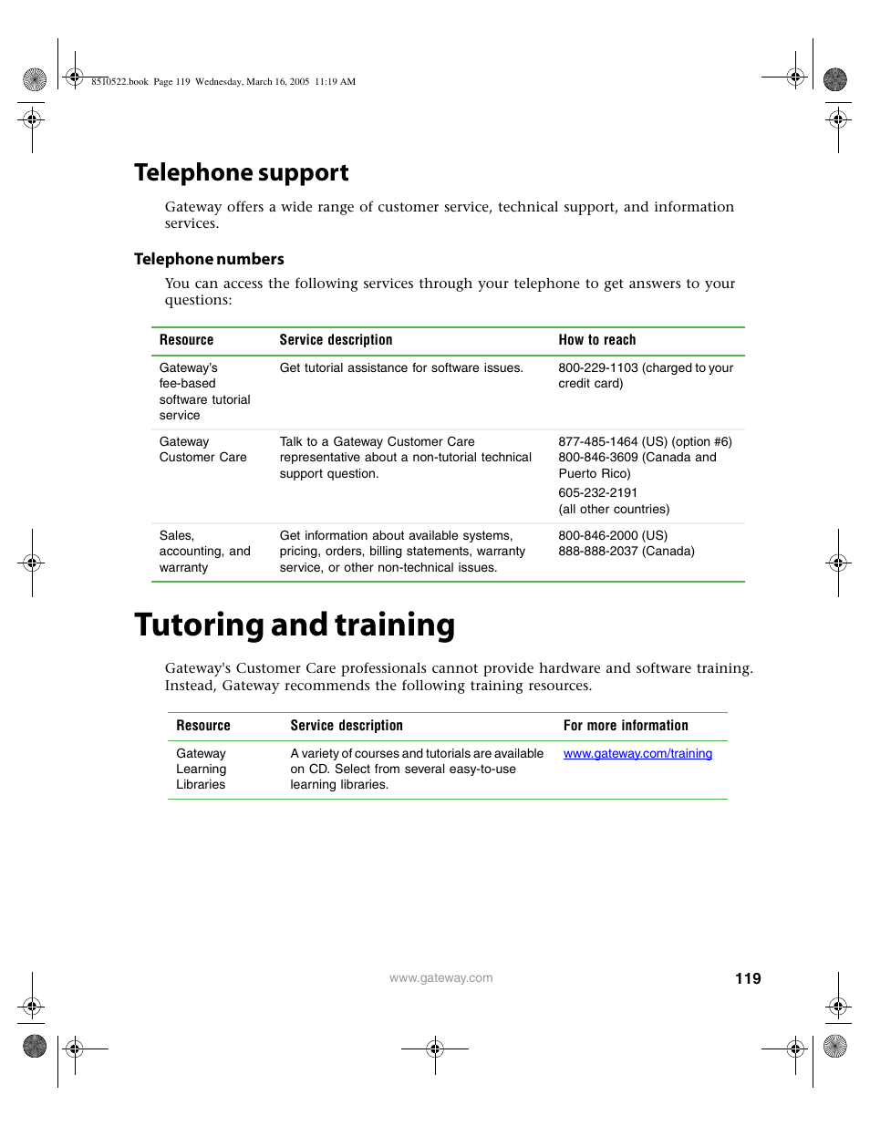 Telephone support, Telephone numbers, Tutoring and training | Gateway 9415 User Manual | Page 124 / 188