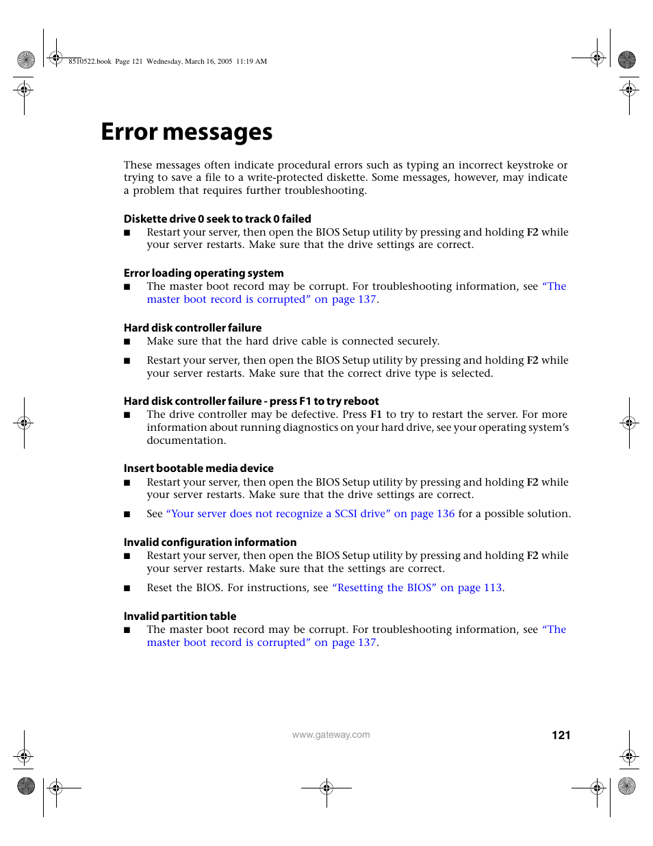 Error messages | Gateway 9415 User Manual | Page 126 / 188