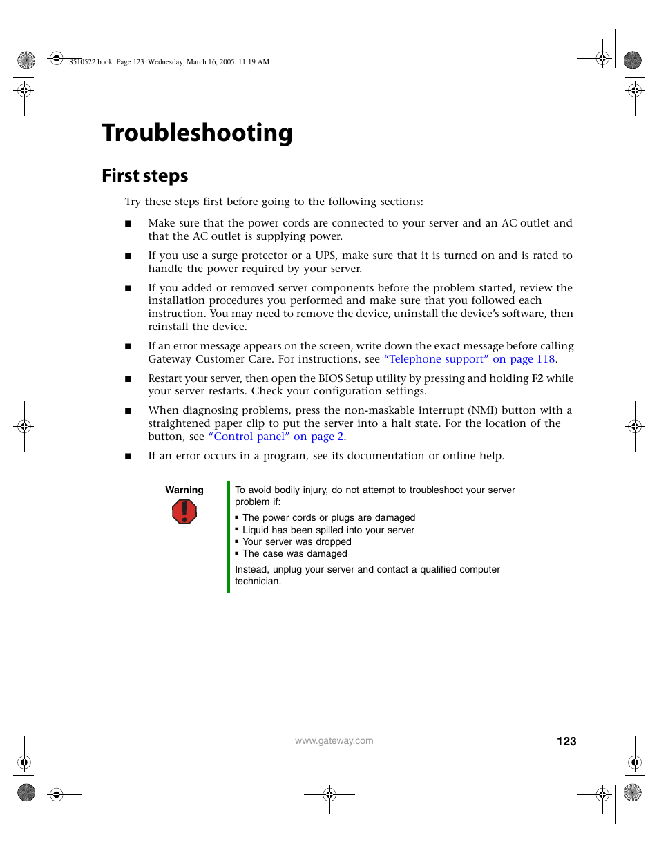 Troubleshooting, First steps | Gateway 9415 User Manual | Page 128 / 188