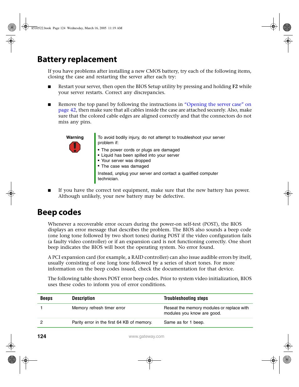 Battery replacement, Beep codes, Battery replacement beep codes | Gateway 9415 User Manual | Page 129 / 188