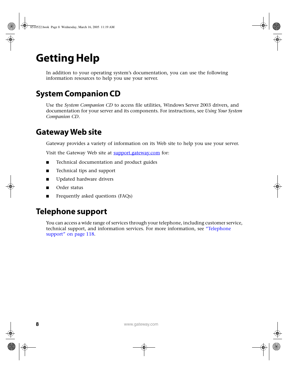 Getting help, System companion cd, Gateway web site | Telephone support | Gateway 9415 User Manual | Page 13 / 188