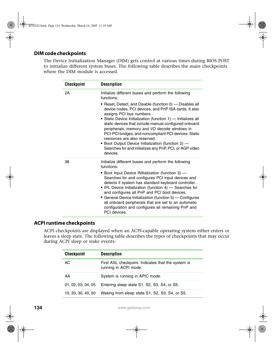Dim code checkpoints, Acpi runtime checkpoints, See “dim code | Gateway 9415 User Manual | Page 139 / 188