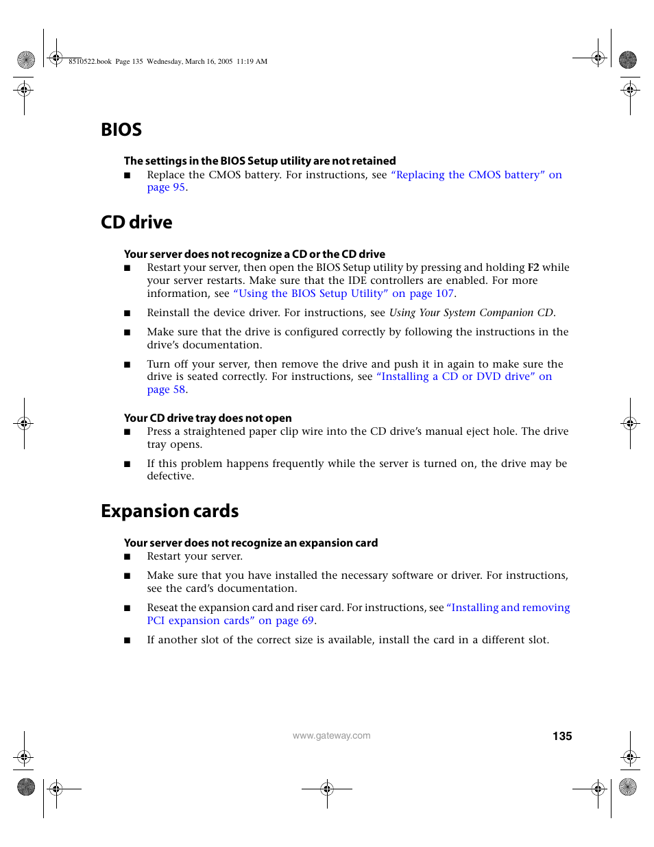 Bios, Cd drive, Expansion cards | Bios cd drive expansion cards | Gateway 9415 User Manual | Page 140 / 188