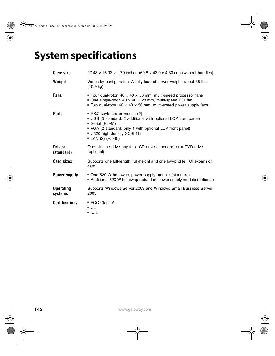 System specifications | Gateway 9415 User Manual | Page 147 / 188