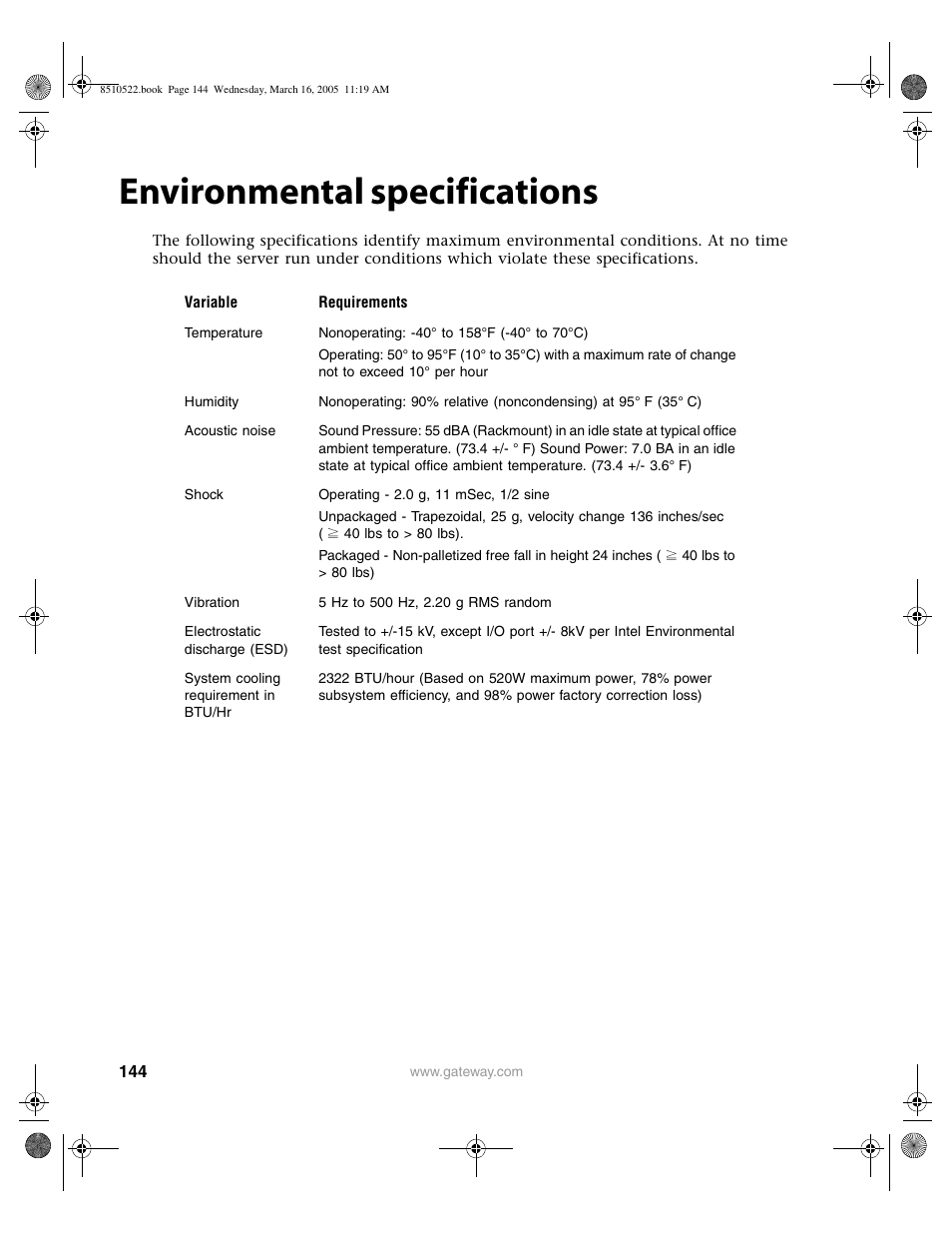 Environmental specifications | Gateway 9415 User Manual | Page 149 / 188