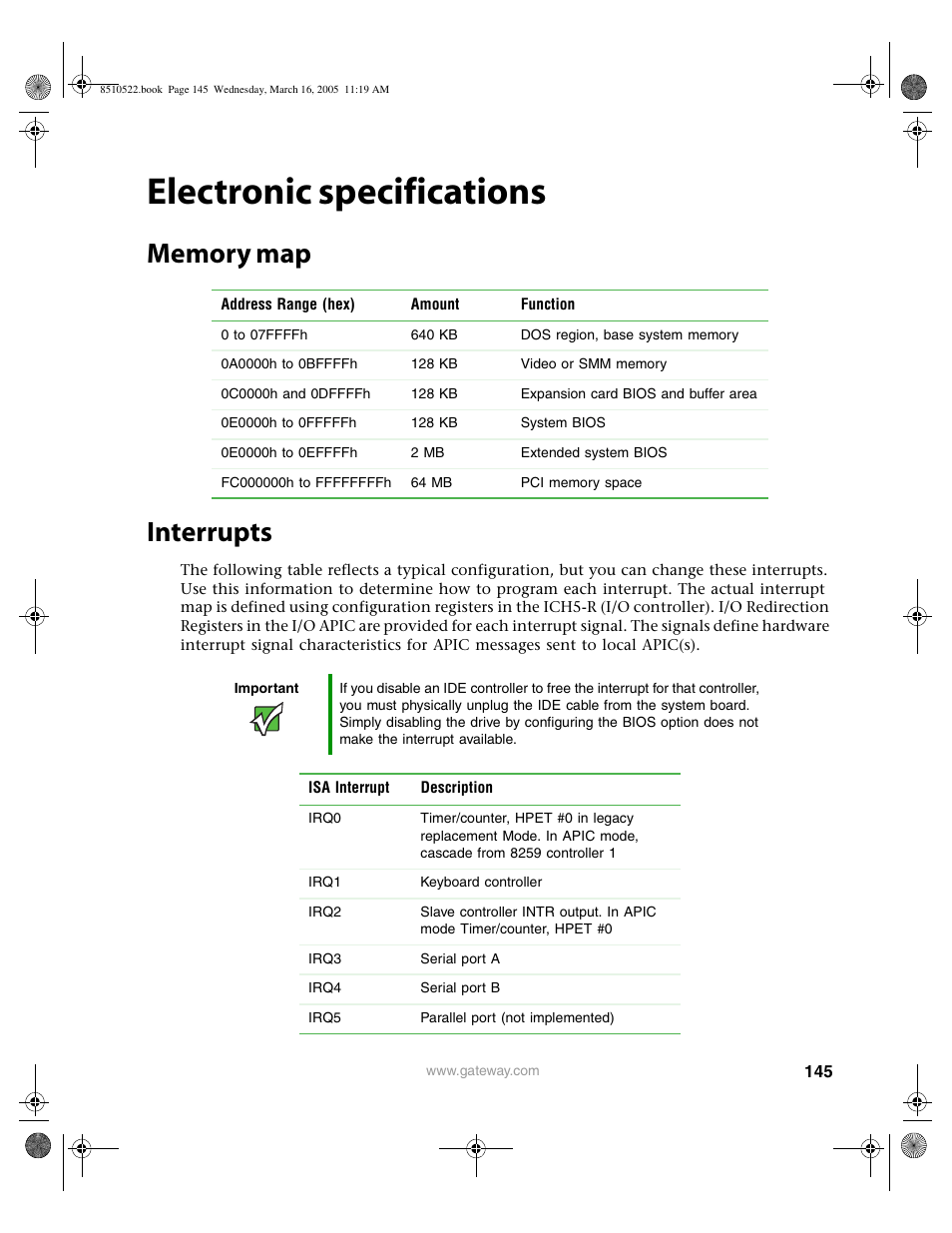 Electronic specifications, Memory map, Interrupts | Memory map interrupts | Gateway 9415 User Manual | Page 150 / 188