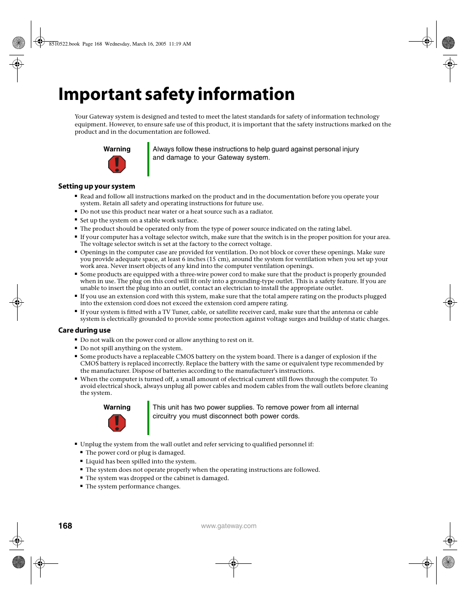 Important safety information, Setting up your system, Care during use | Gateway 9415 User Manual | Page 173 / 188