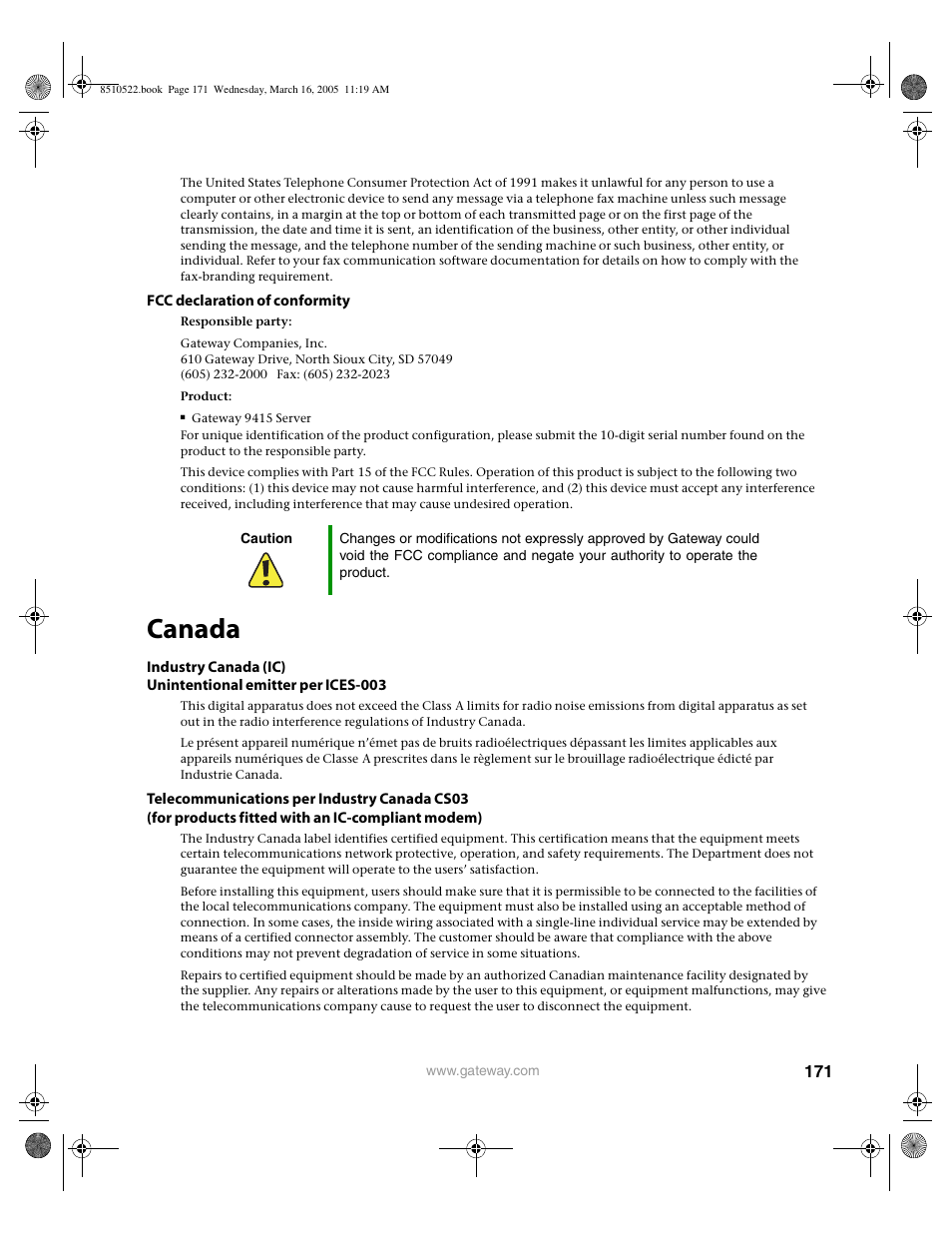 Fcc declaration of conformity, Canada | Gateway 9415 User Manual | Page 176 / 188
