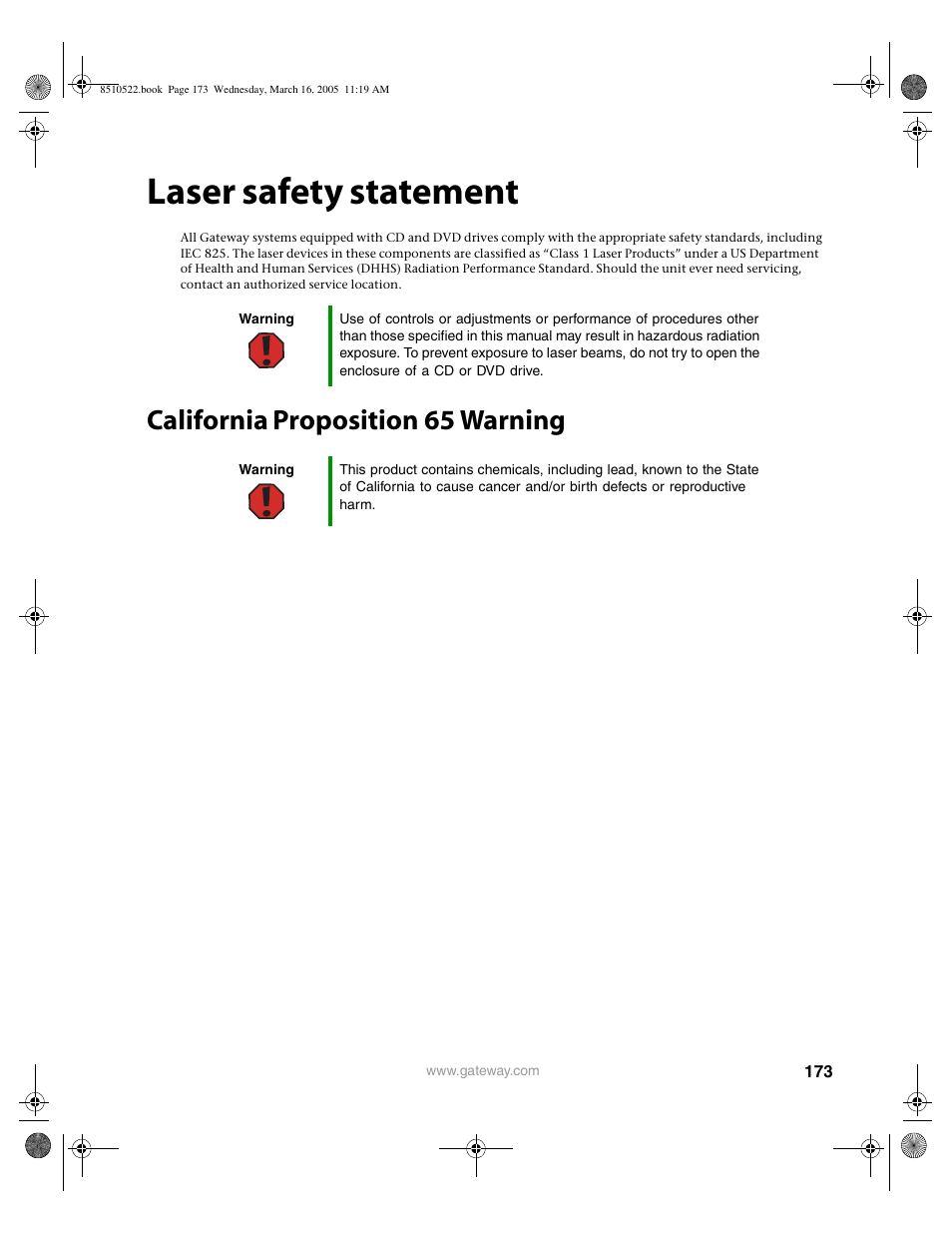 Laser safety statement, California proposition65 warning, California proposition 65 warning | Gateway 9415 User Manual | Page 178 / 188