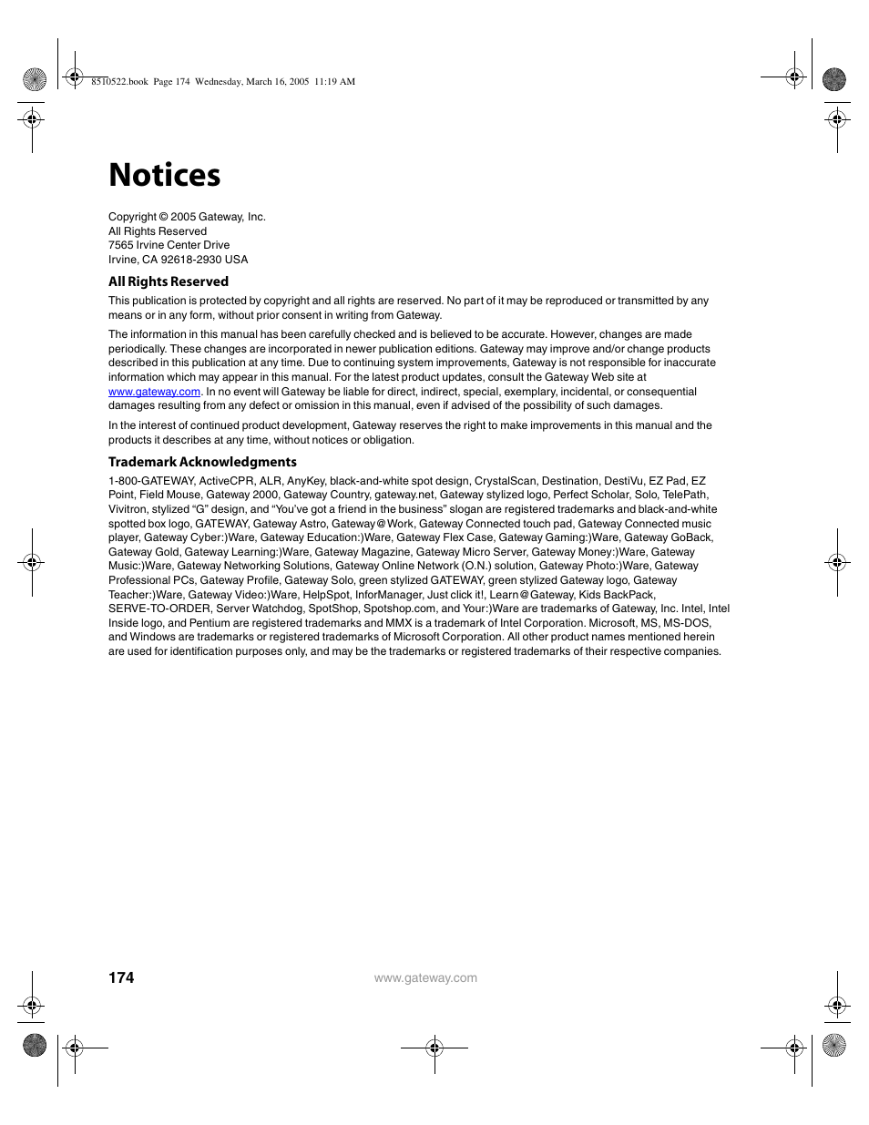 Notices, All rights reserved, Trademark acknowledgments | Gateway 9415 User Manual | Page 179 / 188