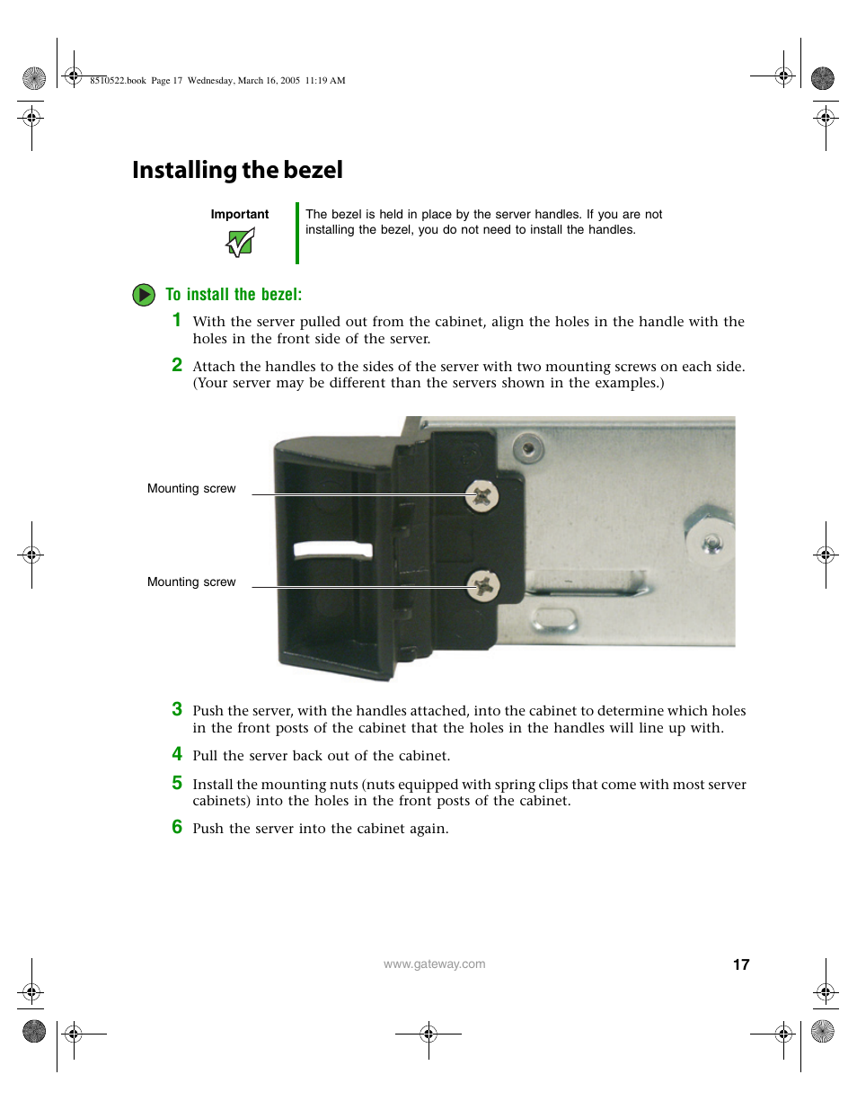 Installing the bezel | Gateway 9415 User Manual | Page 22 / 188