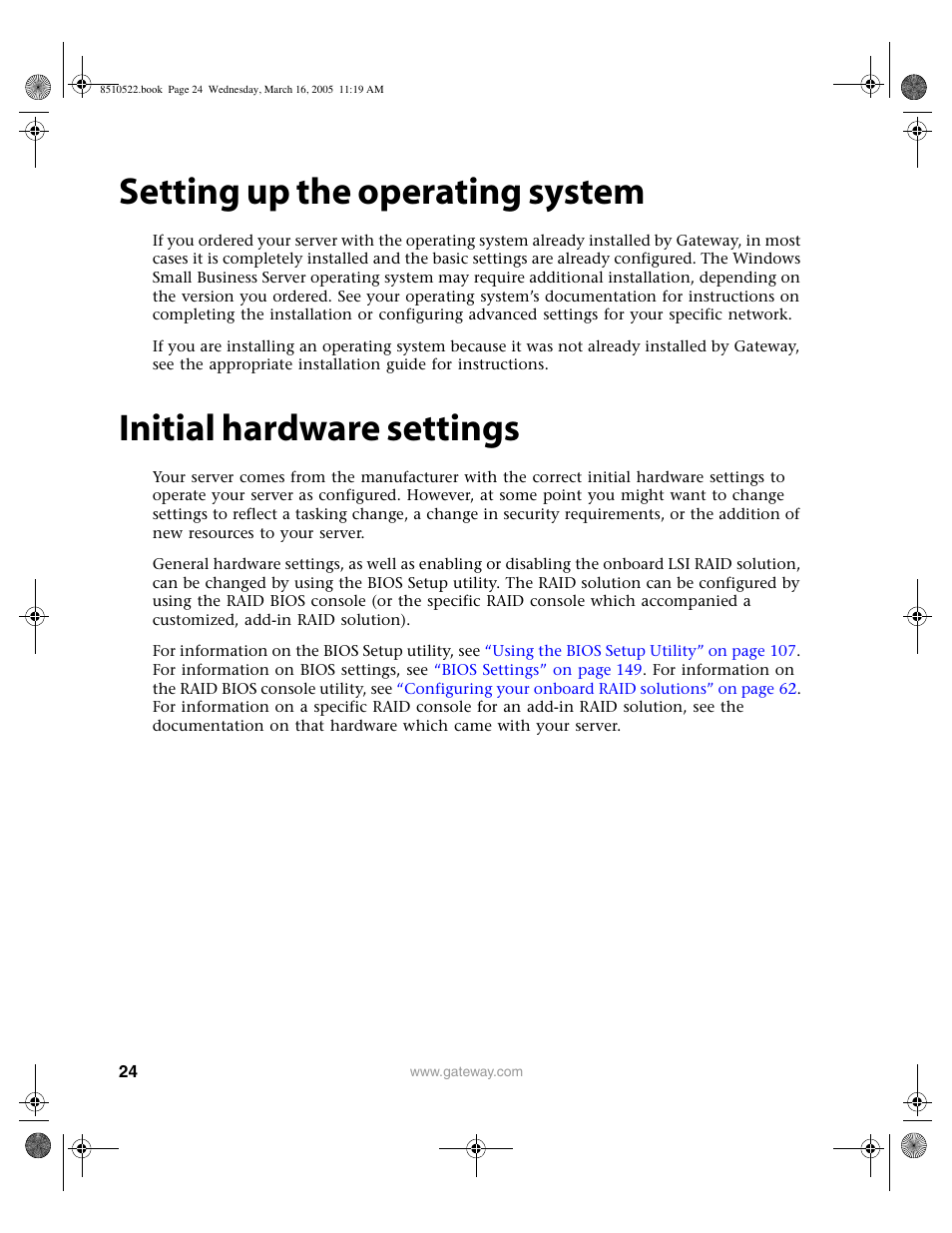 Setting up the operating system, Initial hardware settings | Gateway 9415 User Manual | Page 29 / 188