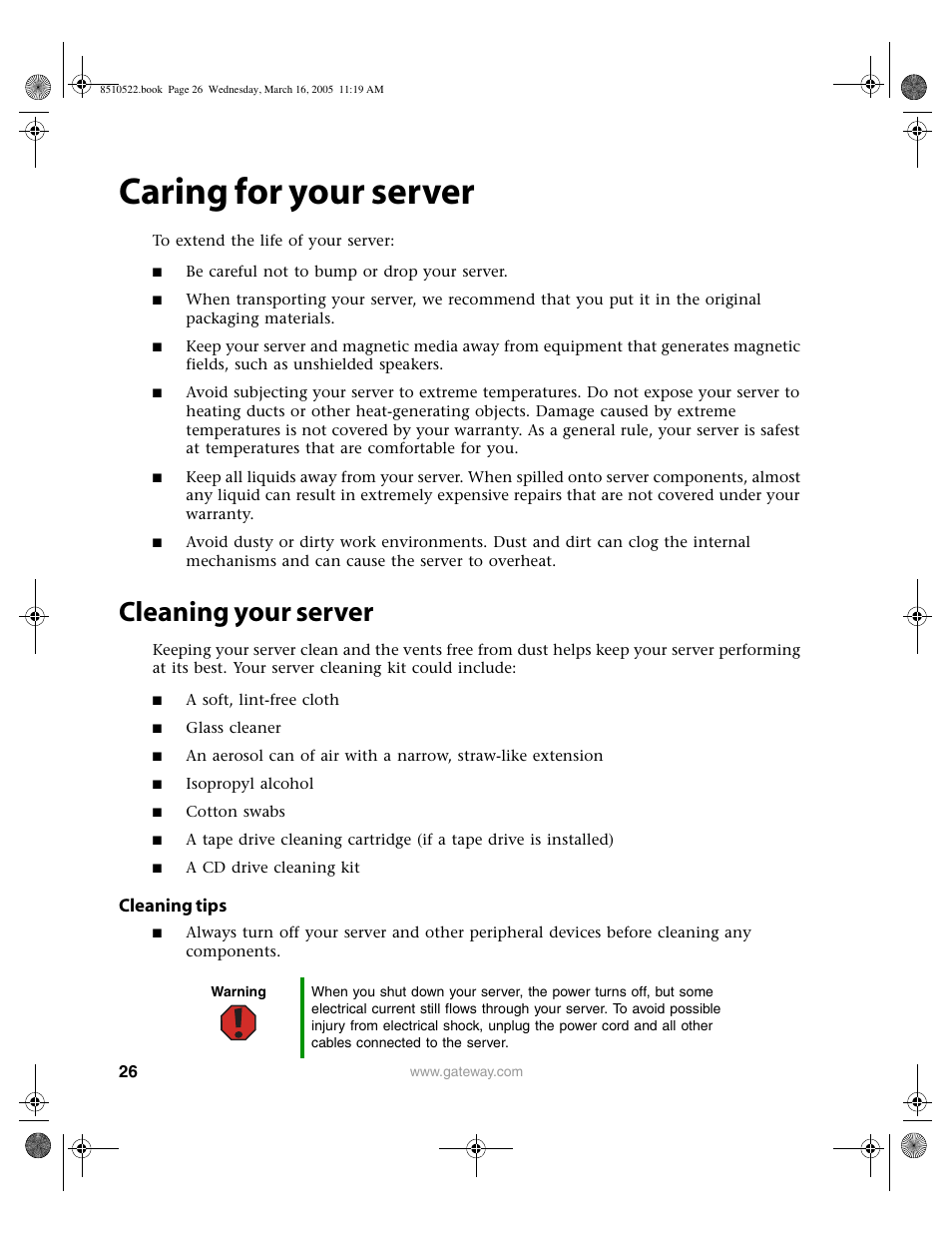 Caring for your server, Cleaning your server, Cleaning tips | Gateway 9415 User Manual | Page 31 / 188