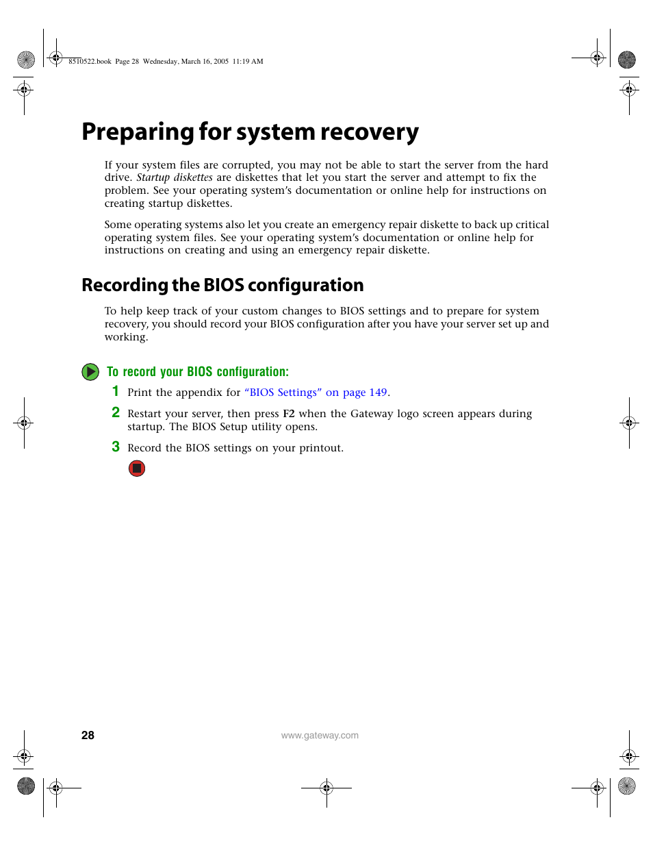 Preparing for system recovery, Recording the bios configuration | Gateway 9415 User Manual | Page 33 / 188