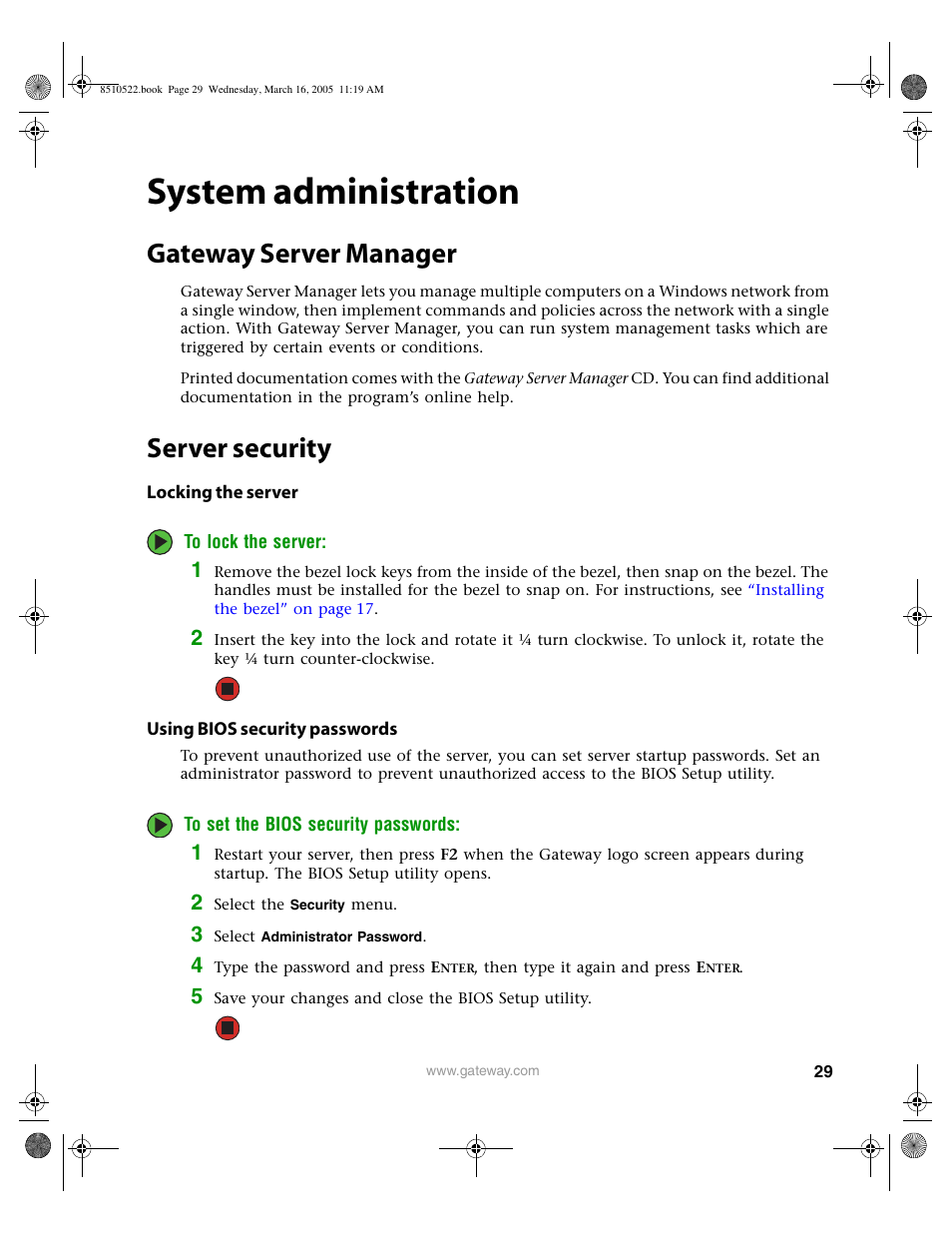 System administration, Gateway server manager, Server security | Locking the server, Using bios security passwords, Gateway server manager server security | Gateway 9415 User Manual | Page 34 / 188