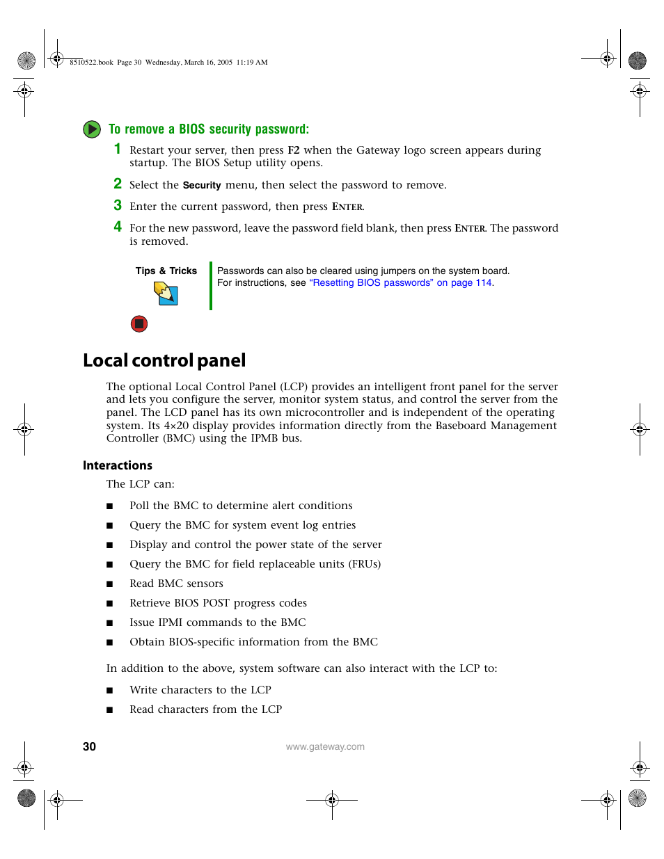 Local control panel, Interactions | Gateway 9415 User Manual | Page 35 / 188