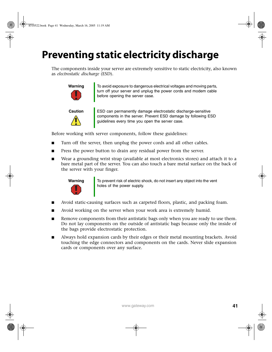 Preventing static electricity discharge | Gateway 9415 User Manual | Page 46 / 188