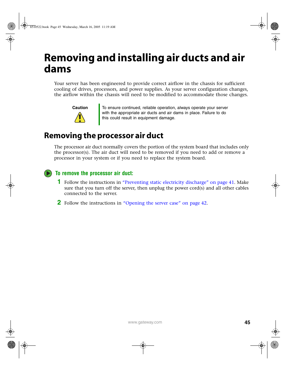 Removing and installing air ducts and air dams, Removing the processor air duct | Gateway 9415 User Manual | Page 50 / 188