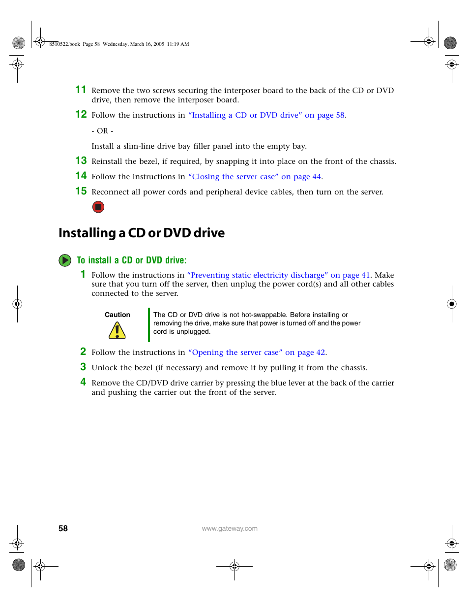 Installing a cd or dvd drive | Gateway 9415 User Manual | Page 63 / 188