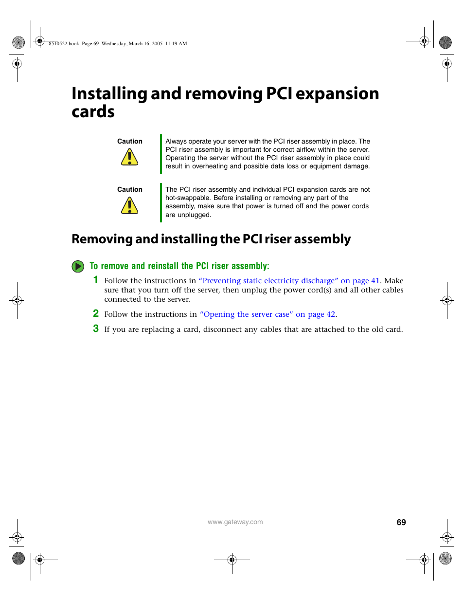 Installing and removing pci expansion cards, Removing and installing the pci riser assembly, Removing and | Installing and removing pci | Gateway 9415 User Manual | Page 74 / 188