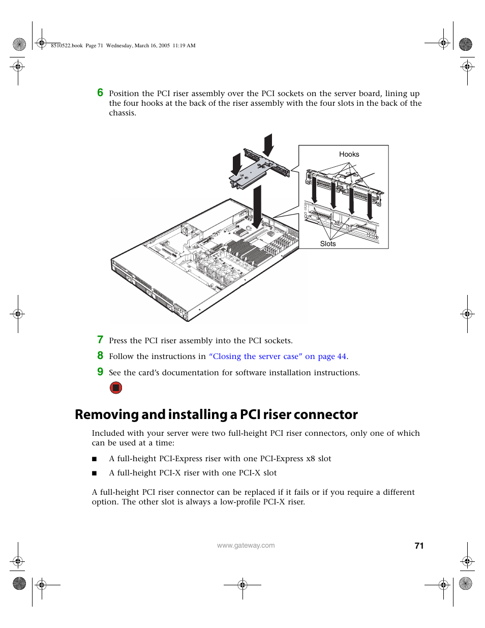 Removing and installing a pci riser connector | Gateway 9415 User Manual | Page 76 / 188