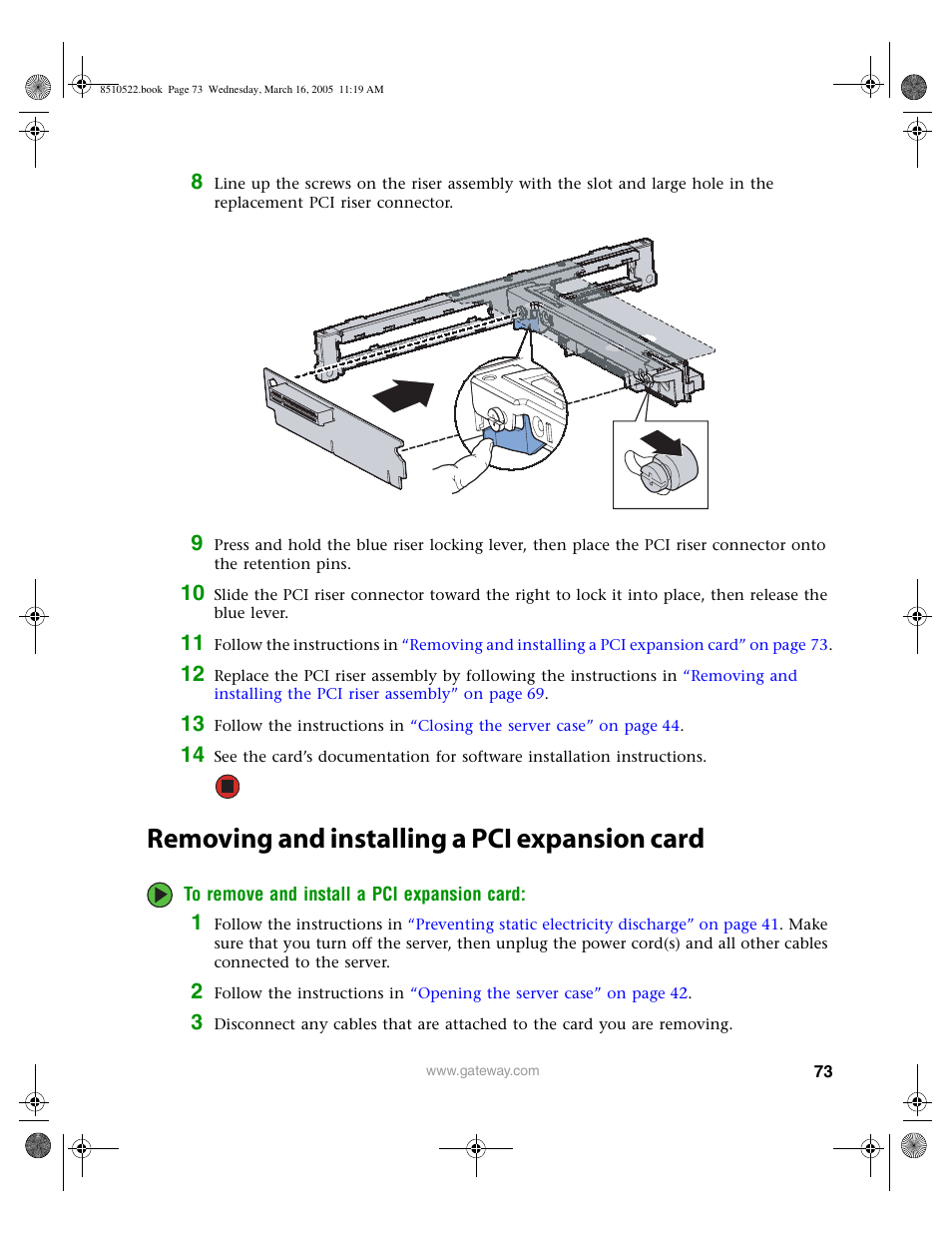 Removing and installing a pci expansion card, Removing and installing, Removing | Gateway 9415 User Manual | Page 78 / 188