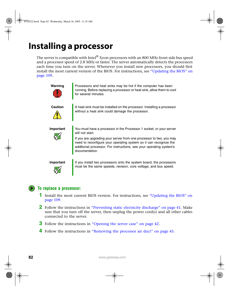 Installing a processor | Gateway 9415 User Manual | Page 87 / 188