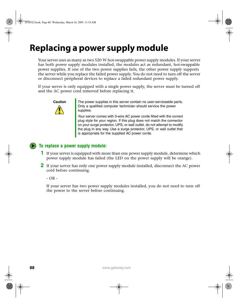 Replacing a power supply module | Gateway 9415 User Manual | Page 93 / 188