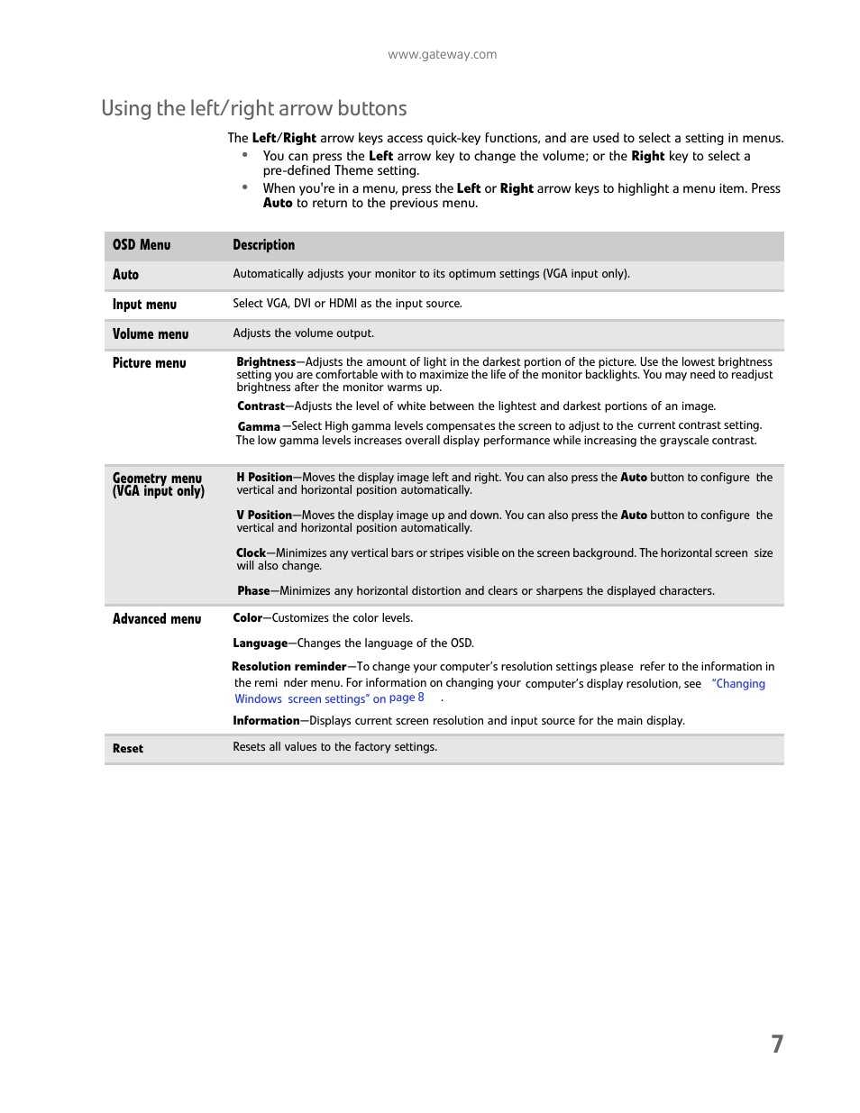 Using the left/right arrow buttons | Gateway HD2202 User Manual | Page 11 / 26