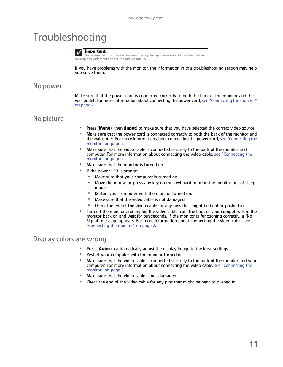 Troubleshooting, No power, No picture | Display colors are wrong, No power no picture display colors are wrong | Gateway HD2202 User Manual | Page 15 / 26