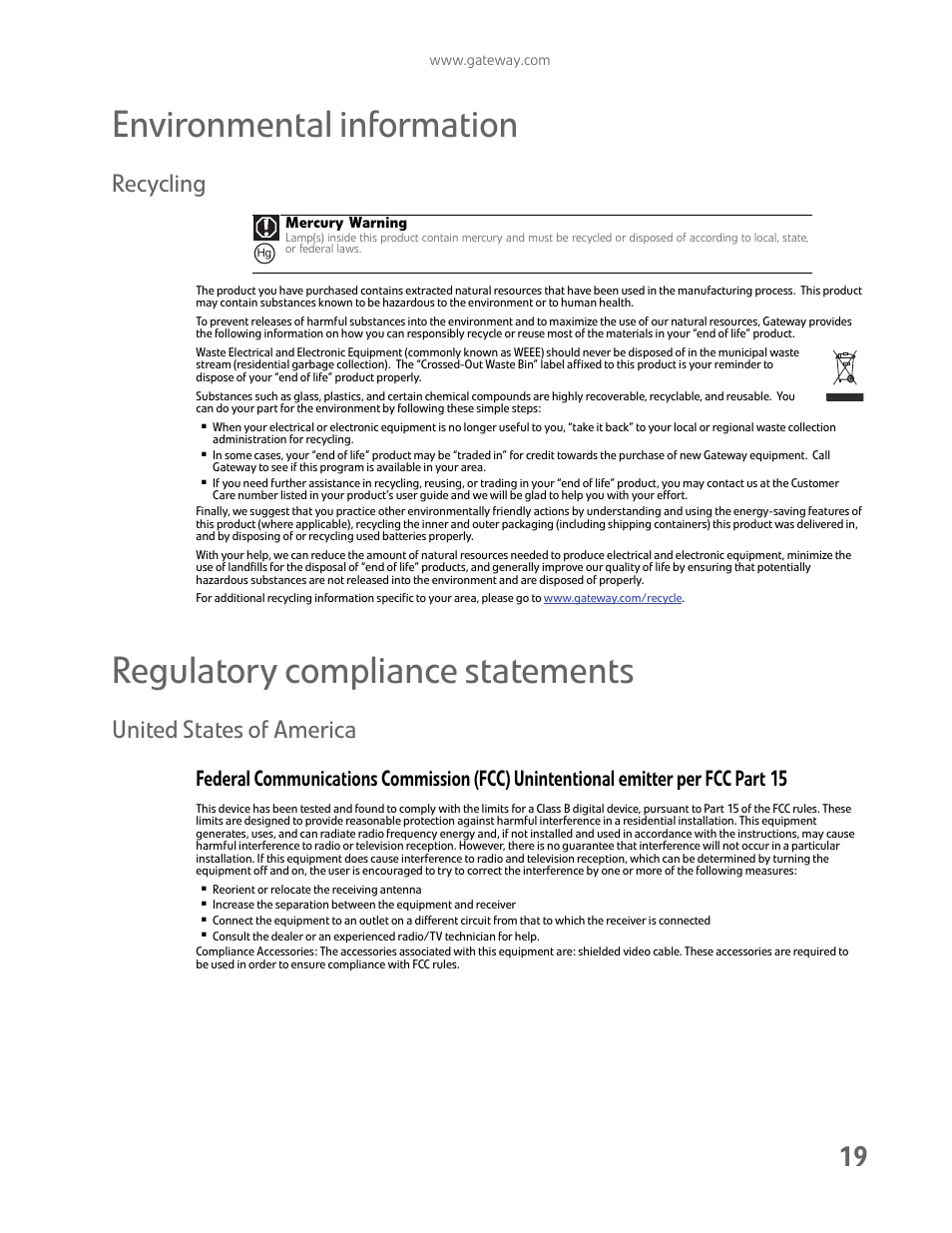 Environmental information, Regulatory compliance statements, Recycling | United states of america | Gateway HD2202 User Manual | Page 23 / 26