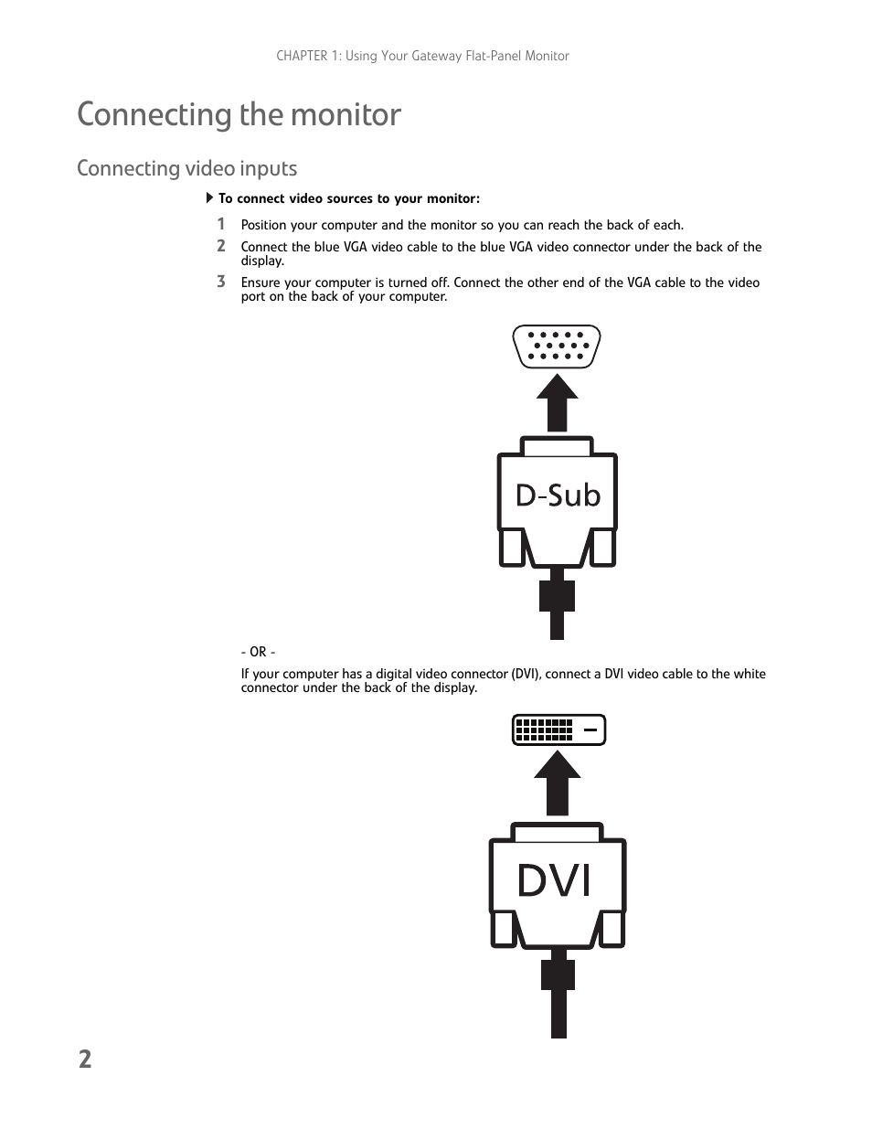 Connecting the monitor, Connecting video inputs, To connect video sources to your monitor | Gateway HD2202 User Manual | Page 6 / 26