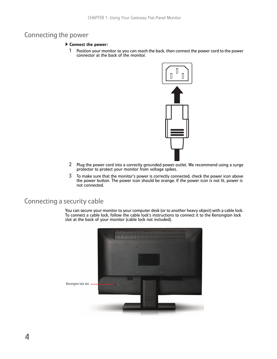 Connecting the power, Connect the power, Connecting a security cable | Connecting the power connecting a security cable | Gateway HD2202 User Manual | Page 8 / 26