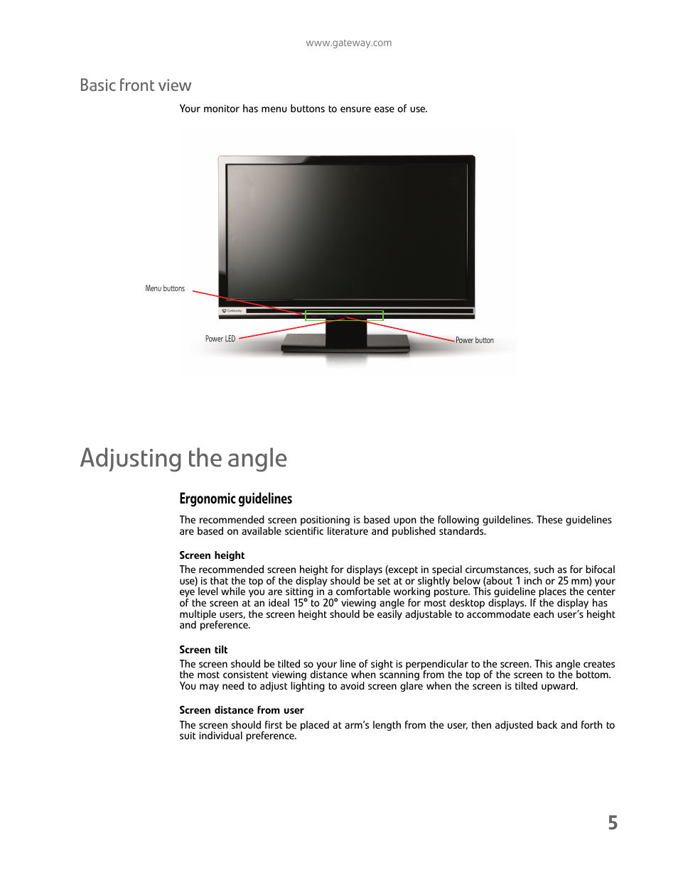 Basic front view, Adjusting the angle, Ergonomic guidelines | Screen height, Screen tilt, Screen distance from user | Gateway HD2202 User Manual | Page 9 / 26