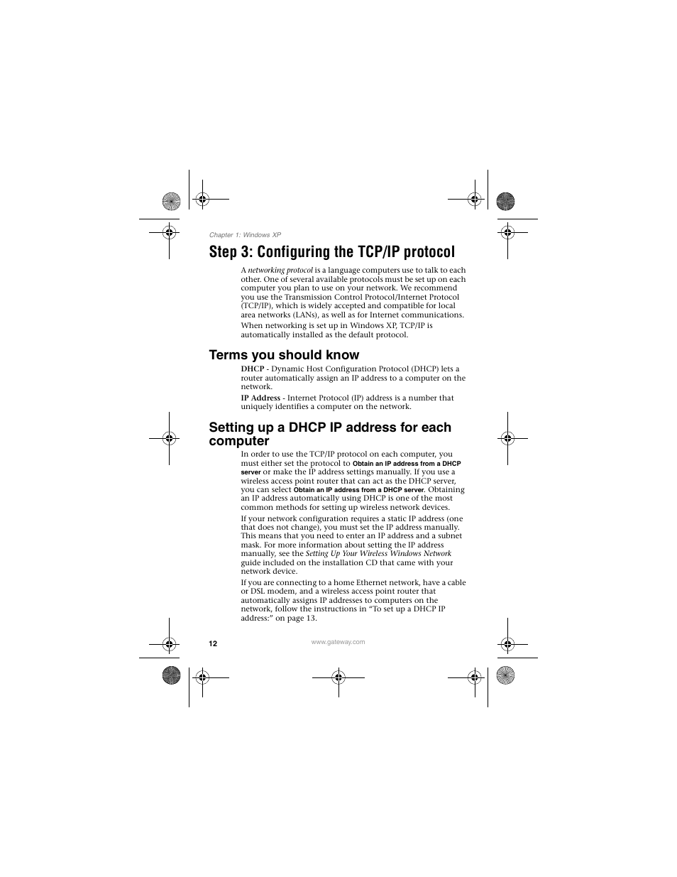 Step 3: configuring the tcp/ip protocol, Terms you should know, Setting up a dhcp ip address for each computer | Gateway LWGC-220 User Manual | Page 16 / 48