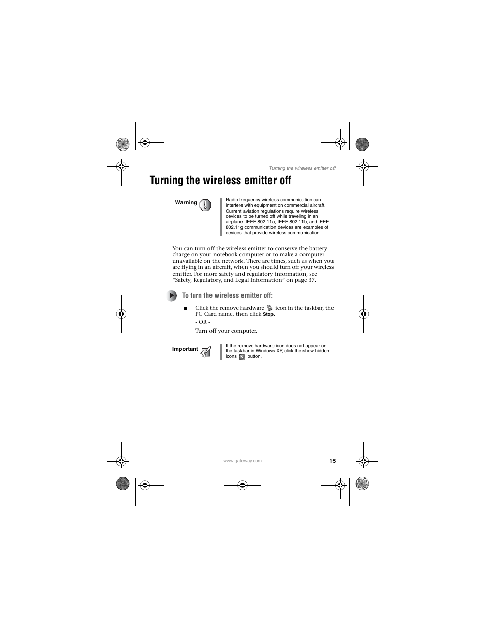 Turning the wireless emitter off | Gateway LWGC-220 User Manual | Page 19 / 48