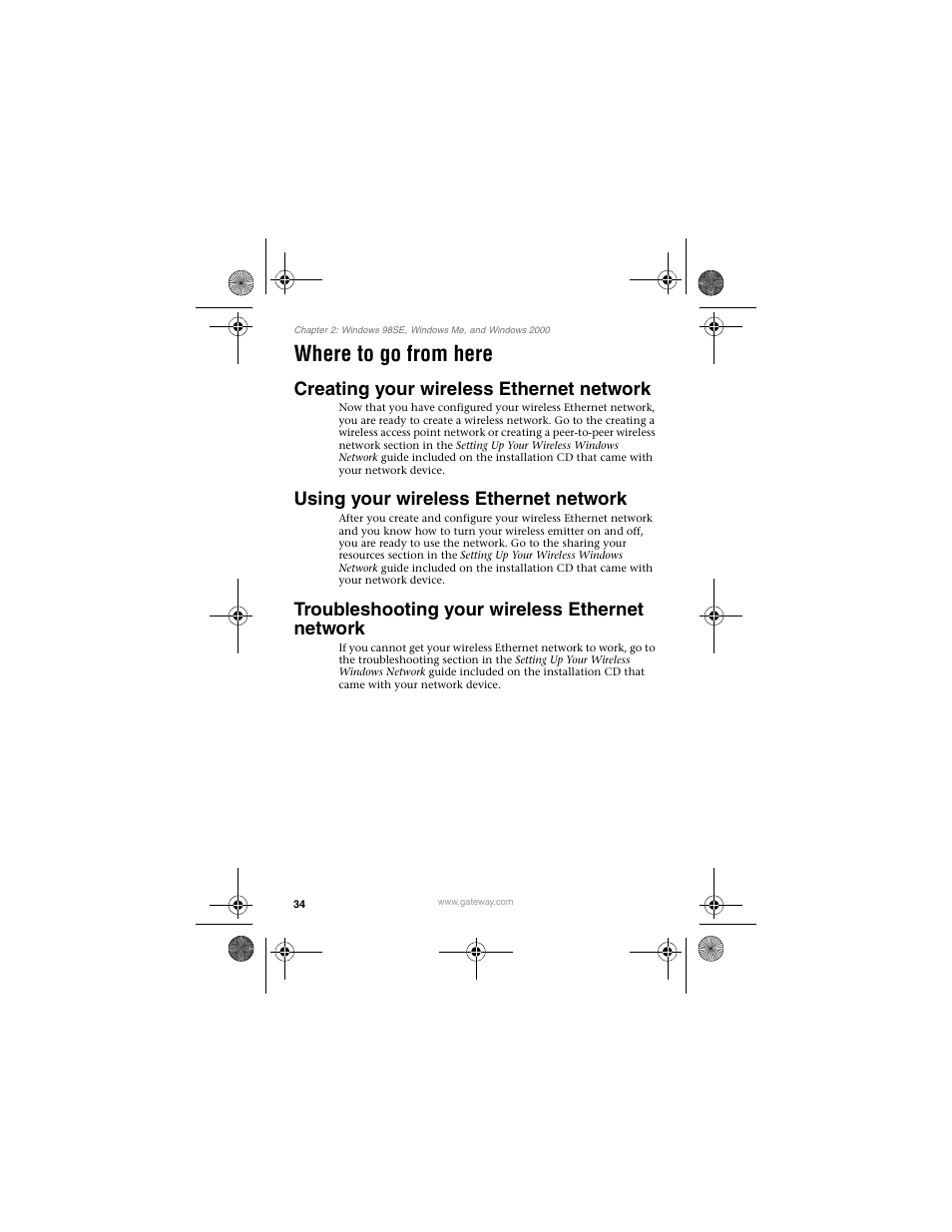 Where to go from here, Creating your wireless ethernet network, Using your wireless ethernet network | Troubleshooting your wireless ethernet network | Gateway LWGC-220 User Manual | Page 38 / 48