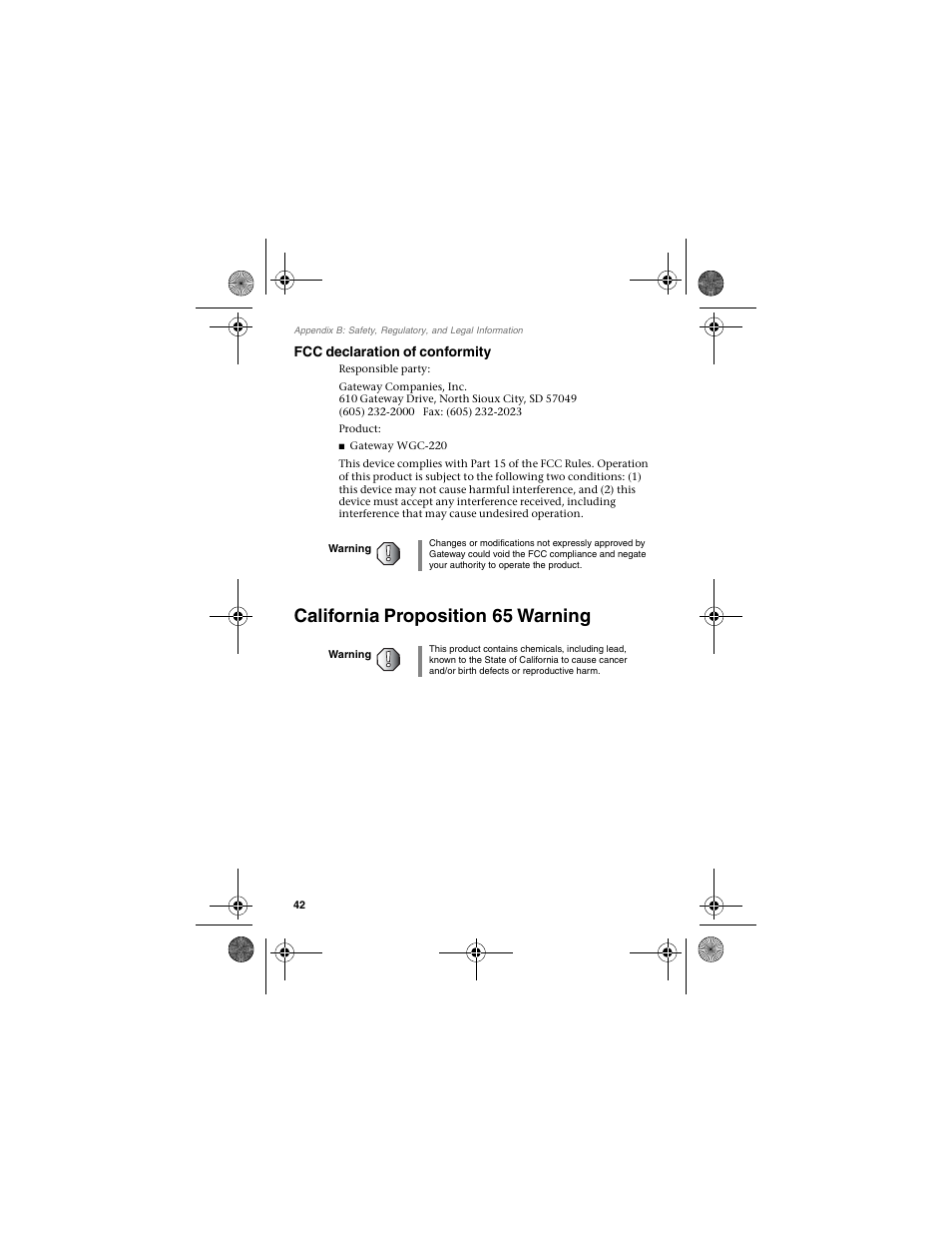 California proposition 65 warning, Fcc declaration of conformity | Gateway LWGC-220 User Manual | Page 46 / 48