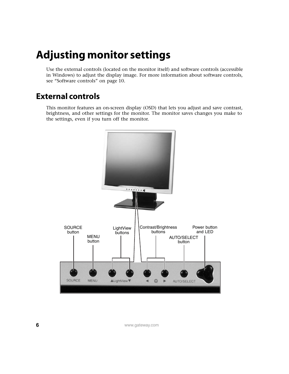Adjusting monitor settings, External controls | Gateway FPD1950 User Manual | Page 10 / 32
