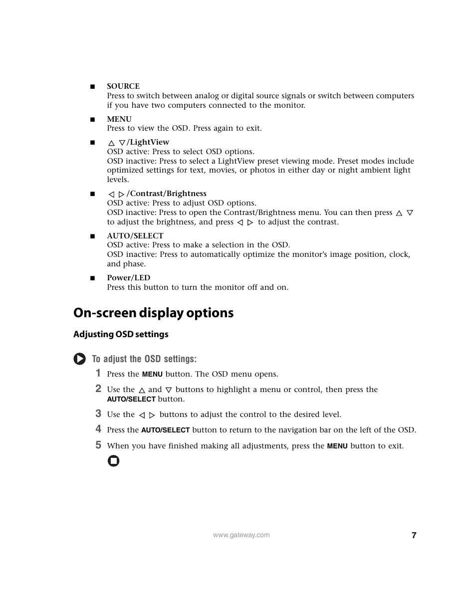 On-screen display options | Gateway FPD1950 User Manual | Page 11 / 32