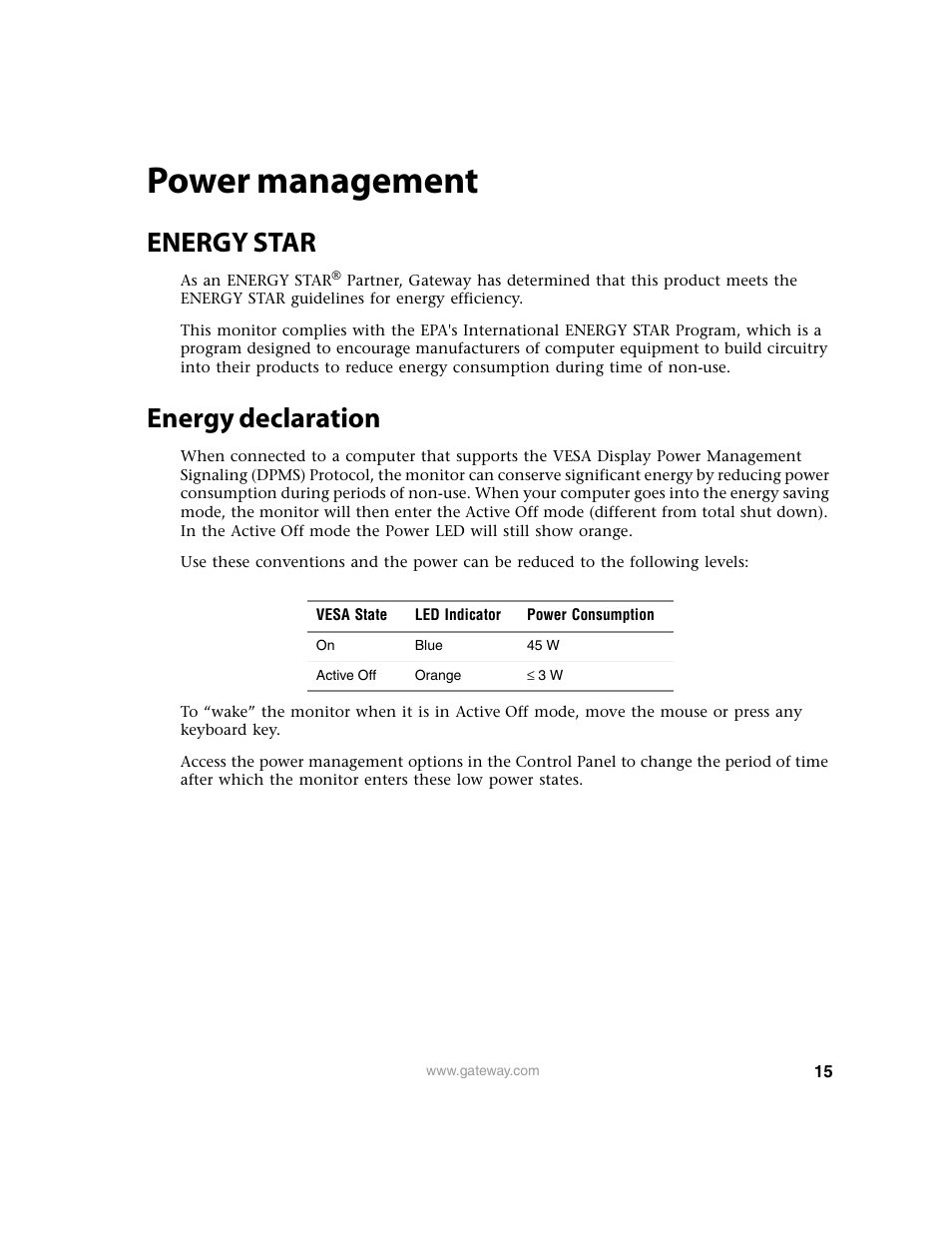Power management, Energy star, Energy declaration | Gateway FPD1950 User Manual | Page 19 / 32