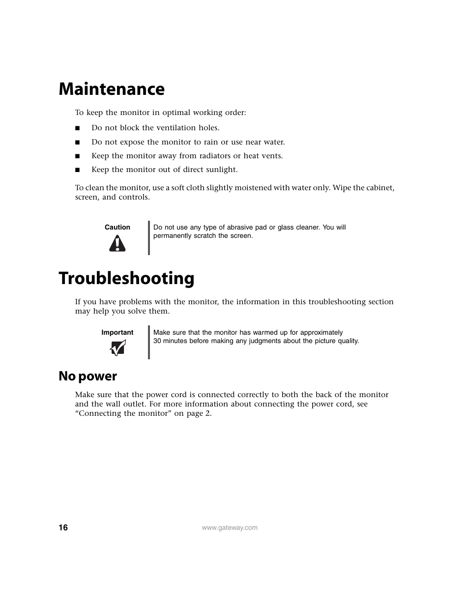 Maintenance, Troubleshooting, No power | Gateway FPD1950 User Manual | Page 20 / 32