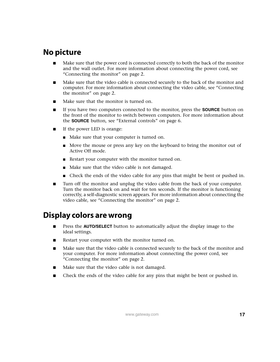 No picture, Display colors are wrong | Gateway FPD1950 User Manual | Page 21 / 32