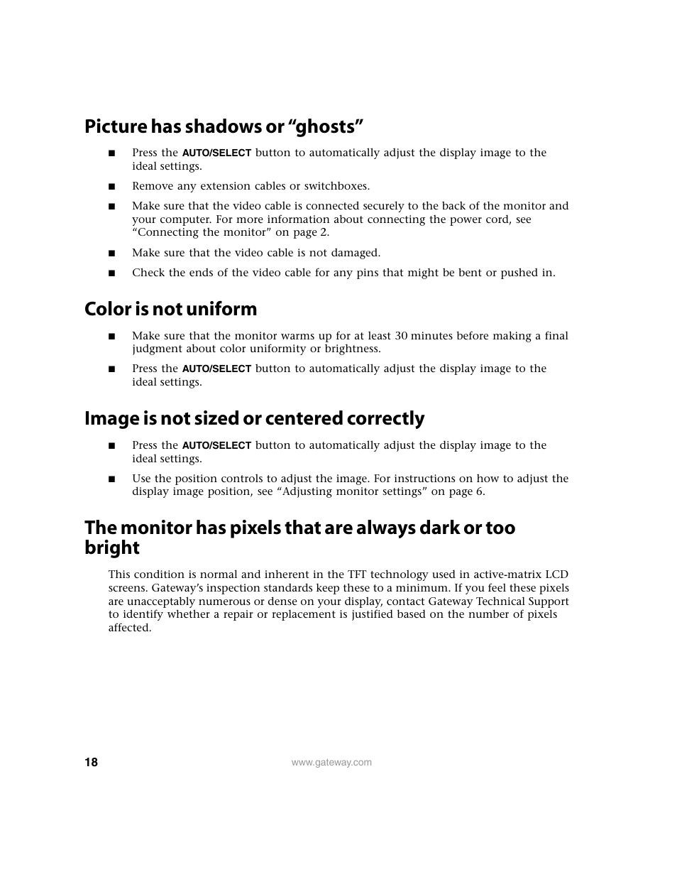 Picture has shadows or “ghosts, Color is not uniform, Image is not sized or centered correctly | Gateway FPD1950 User Manual | Page 22 / 32