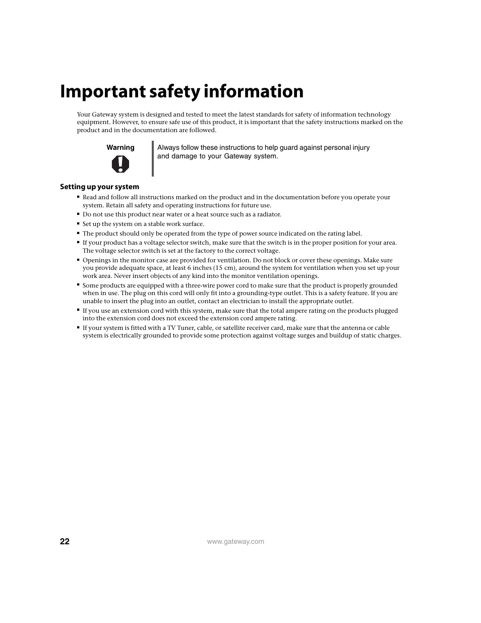 Important safety information, Setting up your system | Gateway FPD1950 User Manual | Page 26 / 32