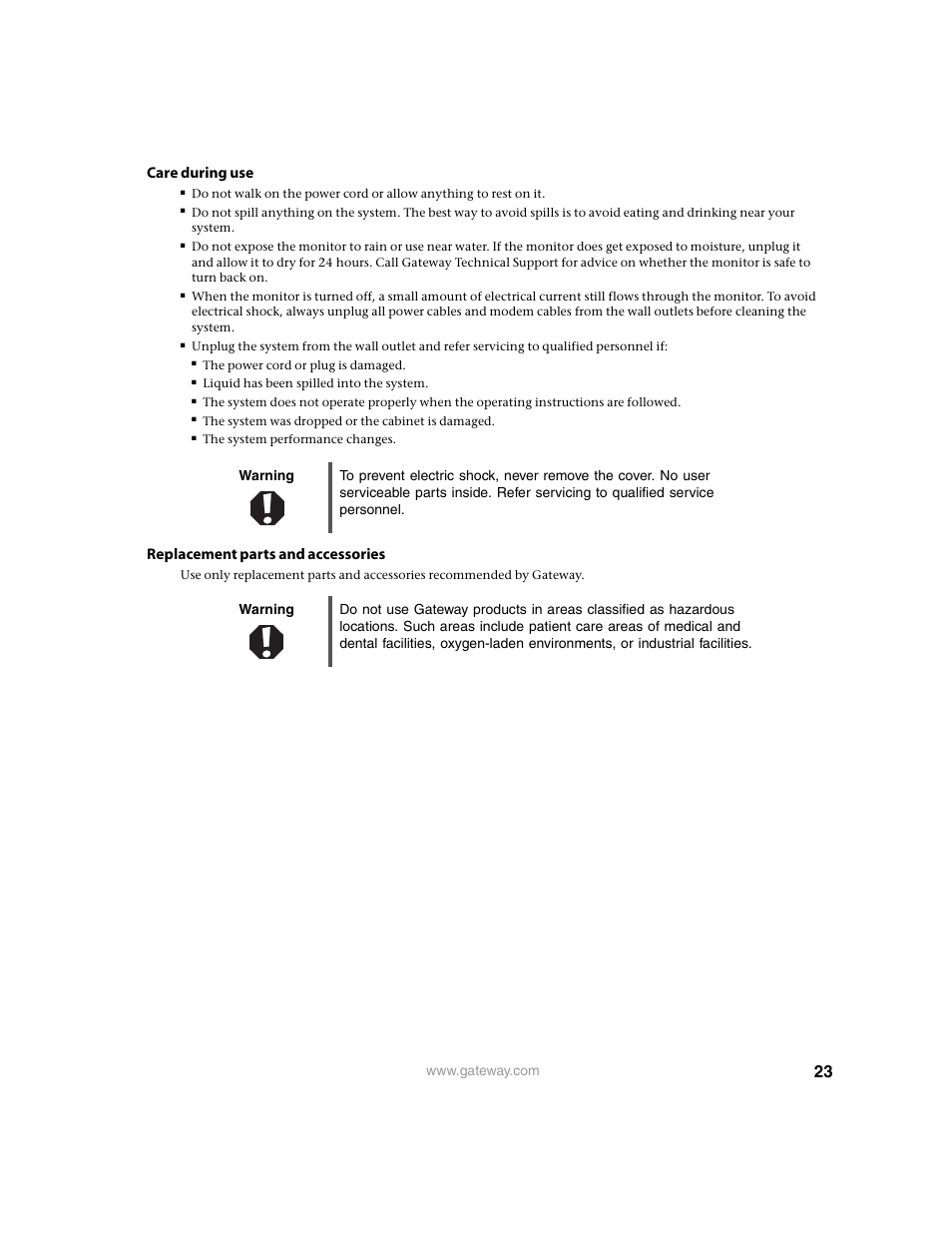 Care during use, Replacement parts and accessories | Gateway FPD1950 User Manual | Page 27 / 32