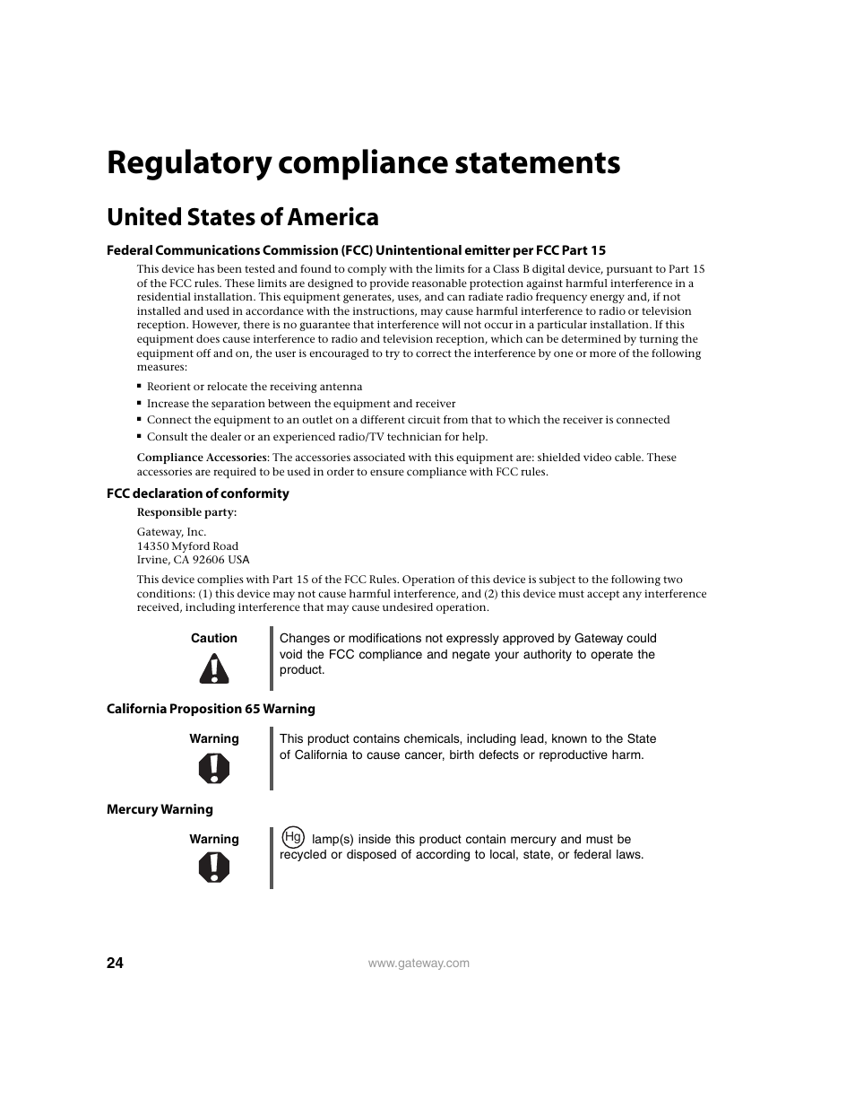 Regulatory compliance statements, United states of america | Gateway FPD1950 User Manual | Page 28 / 32