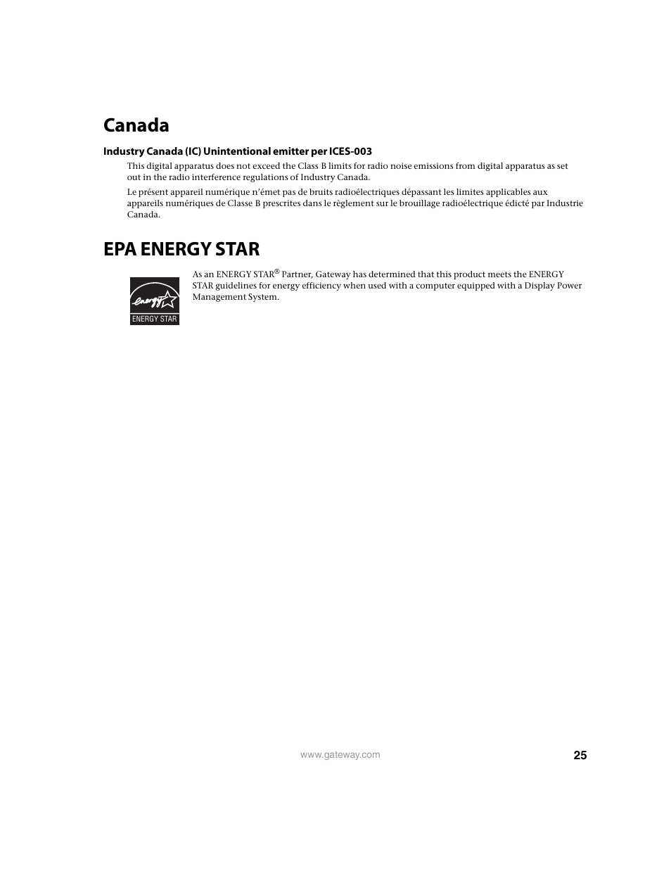 Canada, Epa energy star | Gateway FPD1950 User Manual | Page 29 / 32